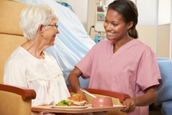 nurse serving a meal to elderly woman